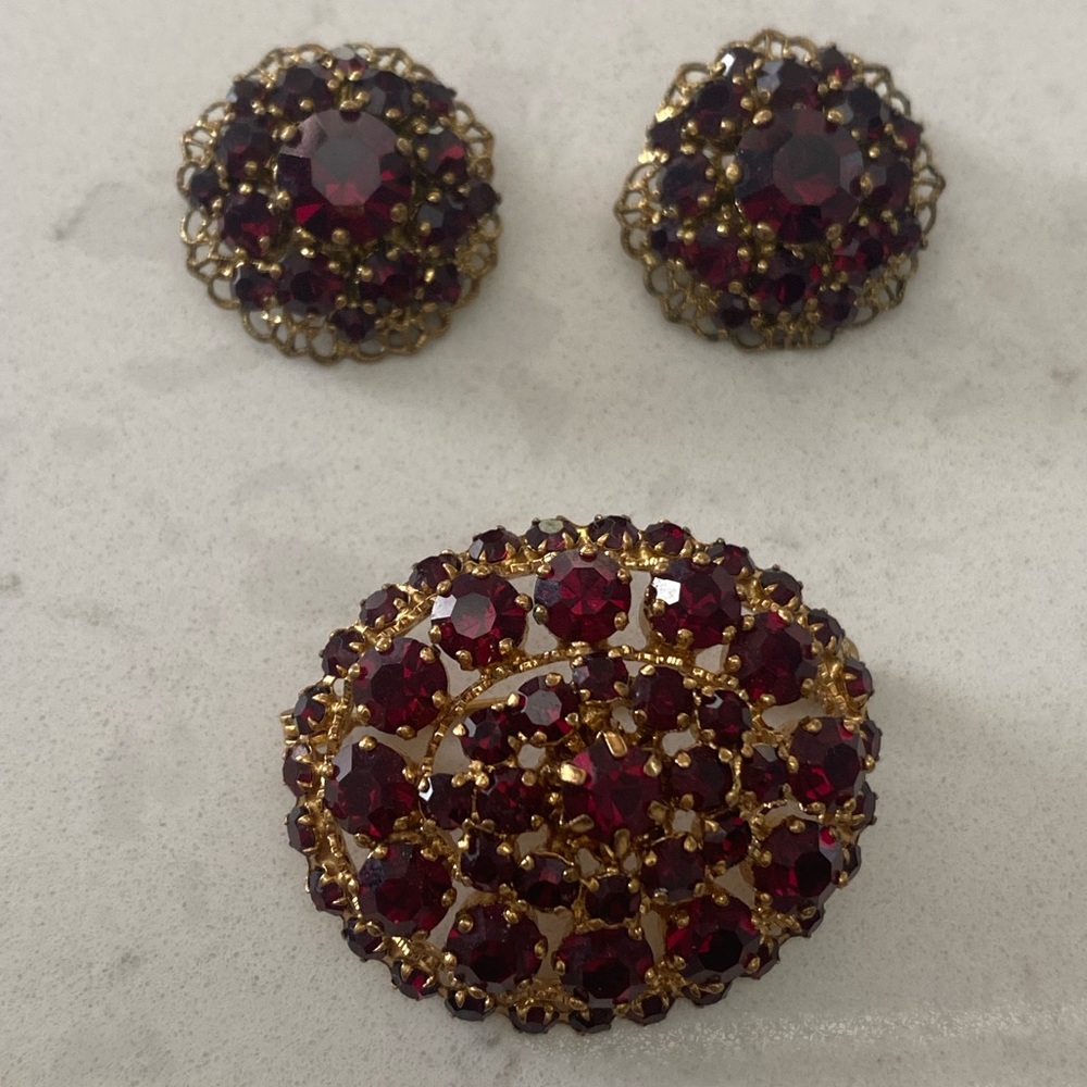 Vintage Garnet Austria Brooch & Earrings